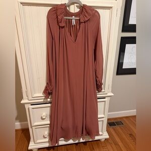 Anthropologie Long Sleeved Brown/Rust Maxi Dress with Ruffled Collar. Worn Once!